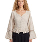 Rumi Top, handcrafted pure linen corset top with hand-braided sleeves, pleated ruffle hem and recycled floral appliques – main image