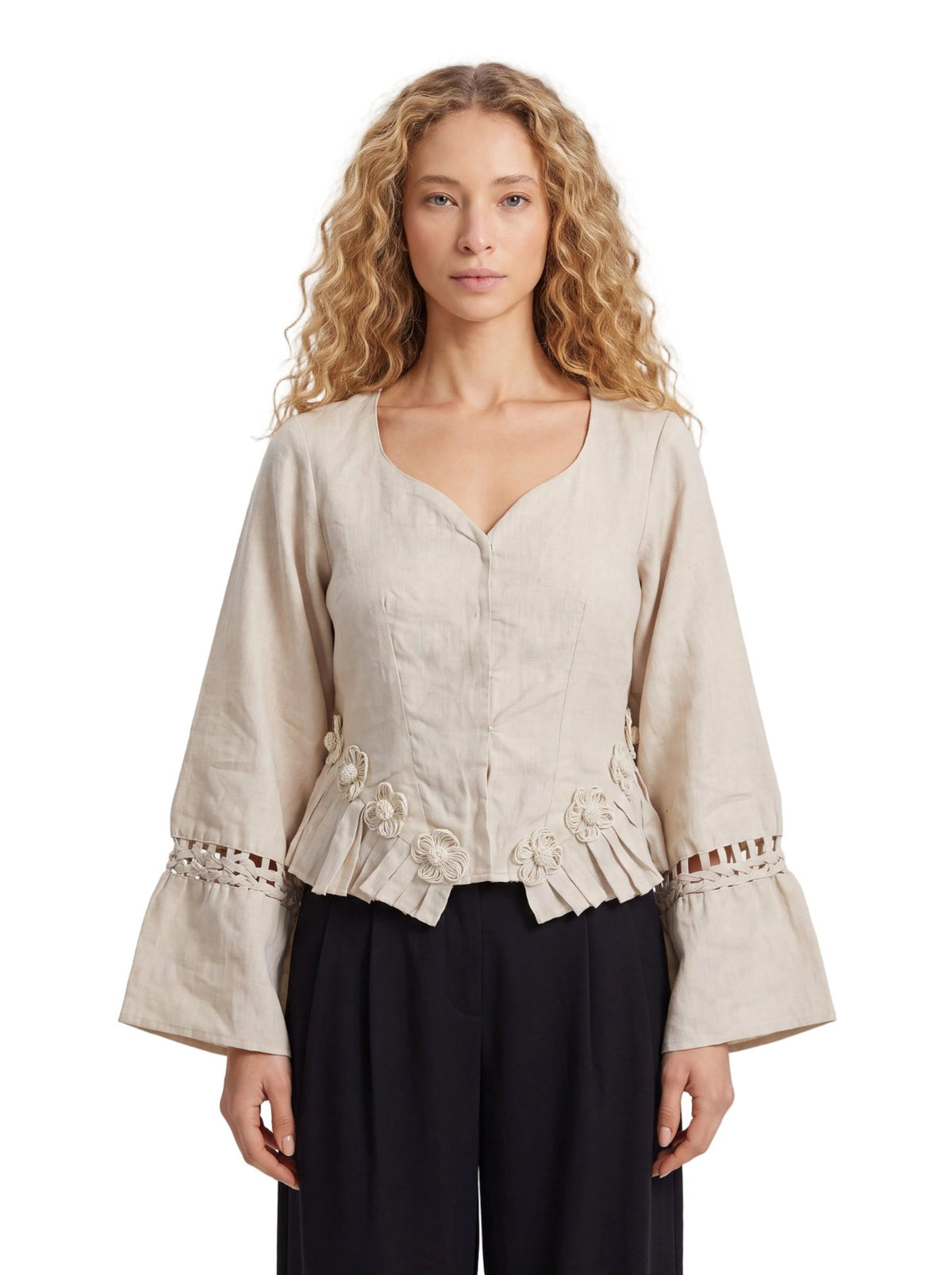 Rumi Top, handcrafted pure linen corset top with hand-braided sleeves, pleated ruffle hem and recycled floral appliques – main image