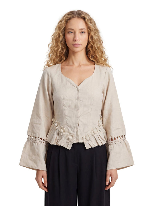 Rumi Top, handcrafted pure linen corset top with hand-braided sleeves, pleated ruffle hem and recycled floral appliques – main image