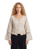 Rumi Top, handcrafted pure linen corset top with hand-braided sleeves, pleated ruffle hem and recycled floral appliques – main image