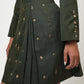 Olivia Full Sleeve Co-Ord Set, olive green gabardine cotton double-breasted blazer and skort co-ord set with gold-toned buttons and hand-embellished golden charms – front view