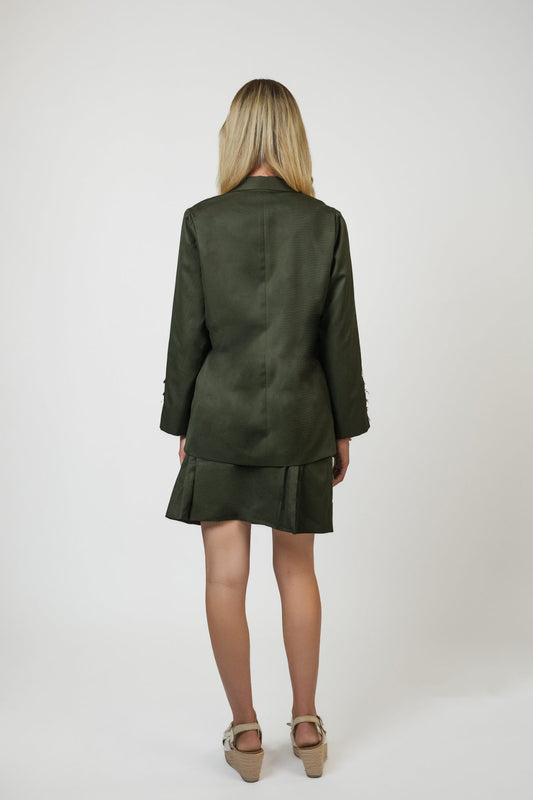 Olivia Full Sleeve Co-Ord Set, olive green gabardine cotton double-breasted blazer and skort co-ord set with gold-toned buttons and hand-embellished golden charms – back view