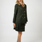 Olivia Full Sleeve Co-Ord Set, olive green gabardine cotton double-breasted blazer and skort co-ord set with gold-toned buttons and hand-embellished golden charms – flat lay detail