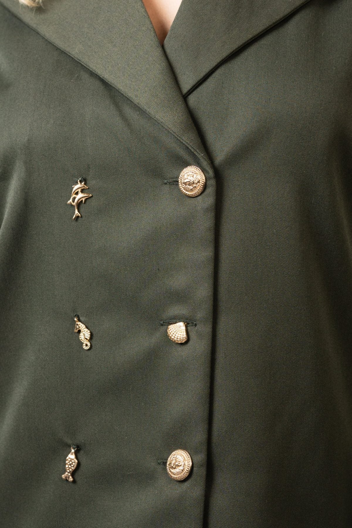 Olivia Full Sleeve Co-Ord Set, olive green gabardine cotton double-breasted blazer and skort co-ord set with gold-toned buttons and hand-embellished golden charms – alternate angle