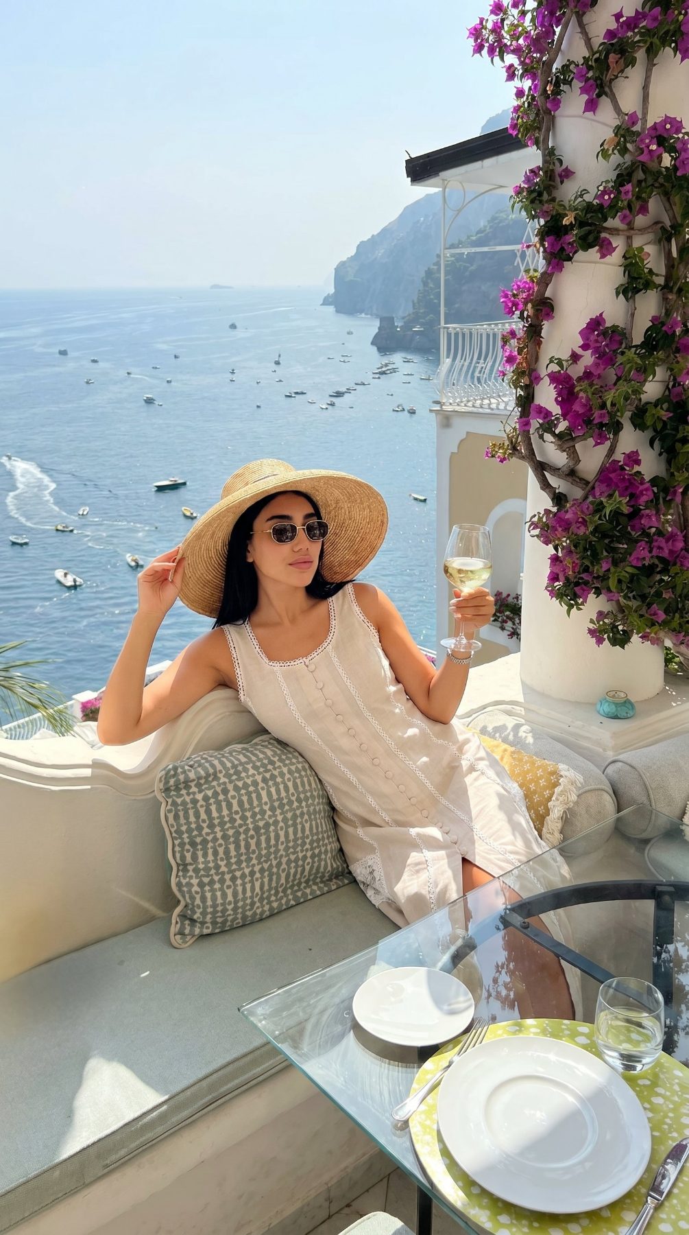 Ibiza Beige Dress, beige sleeveless 100% pure linen maxi dress with sweetheart neckline, fitted bodice and embroidered lace panel work – styled on model