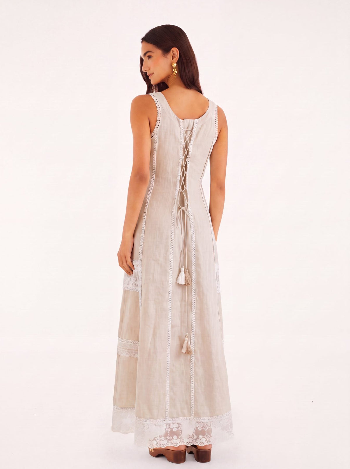 Ibiza Beige Dress, beige sleeveless 100% pure linen maxi dress with sweetheart neckline, fitted bodice and embroidered lace panel work – flat lay detail