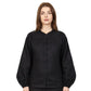 Inori Black Linen Top, black 100% linen mandarin collar blouse with frog-button knots, bell sleeves and adjustable corset-style lace-up back – main image