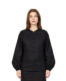 Inori Black Linen Top, black 100% linen mandarin collar blouse with frog-button knots, bell sleeves and adjustable corset-style lace-up back – main image