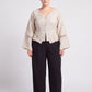Rumi Top, handcrafted pure linen corset top with hand-braided sleeves, pleated ruffle hem and recycled floral appliques – front view