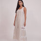 Ibiza Beige Dress, beige sleeveless 100% pure linen maxi dress with sweetheart neckline, fitted bodice and embroidered lace panel work – close-up detail