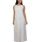 Pearl White Maxi Dress With Kimono Set, pearl white 100% pure linen maxi dress with handcrafted pearl embellishment, sleeveless neckline and back-button closure – styled on model