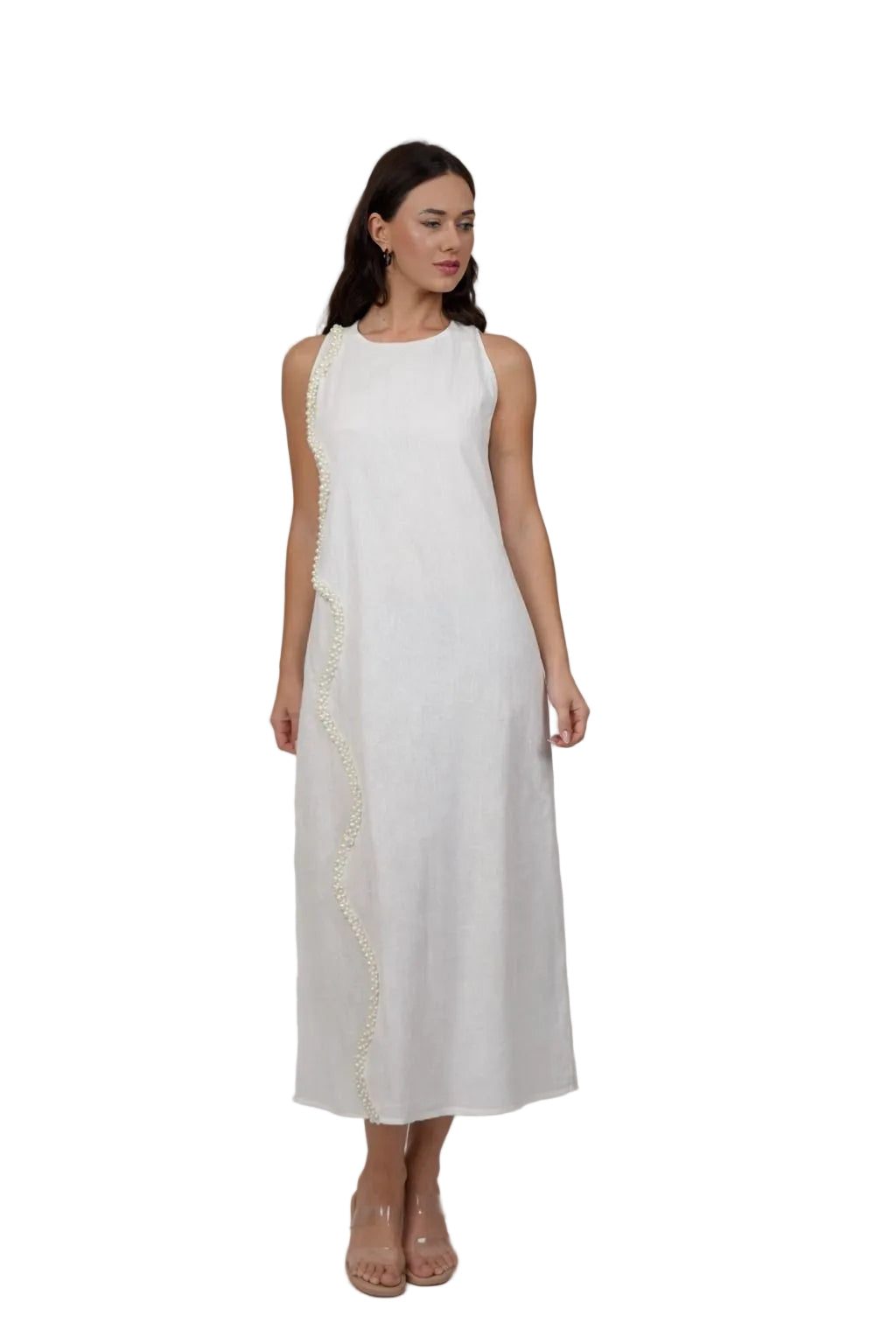 Pearl White Maxi Dress With Kimono Set, pearl white 100% pure linen maxi dress with handcrafted pearl embellishment, sleeveless neckline and back-button closure – styled on model