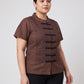 Inori Short Sleeve Top, premium 100% linen mandarin collar short-sleeve blouse with frog-button closures and adjustable lace-up back – side view