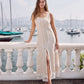 Ibiza Beige Dress, beige sleeveless 100% pure linen maxi dress with sweetheart neckline, fitted bodice and embroidered lace panel work – side view