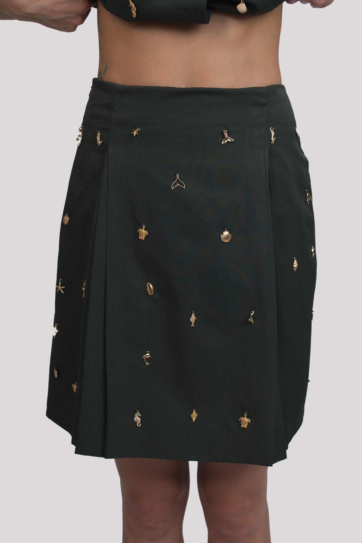 Olivia Full Sleeve Co-Ord Set, olive green gabardine cotton double-breasted blazer and skort co-ord set with gold-toned buttons and hand-embellished golden charms – styled on model