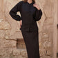 Inori Black Linen Top, black 100% linen mandarin collar blouse with frog-button knots, bell sleeves and adjustable corset-style lace-up back – close-up detail
