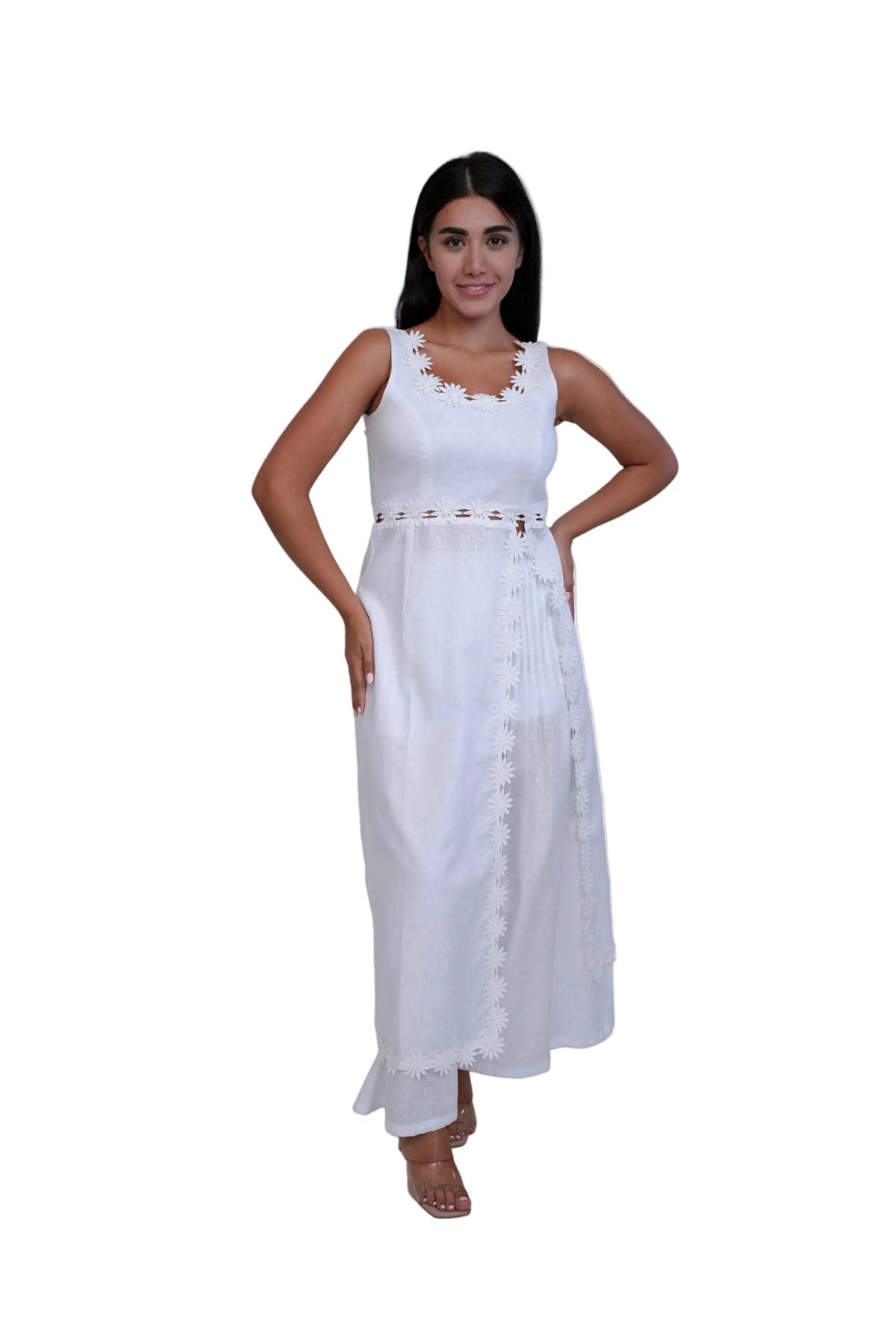 Margot White Linen Co-ord Set, white pure linen co-ord set with sleeveless elongated tunic top, floral embroidery and wide-leg trousers – side view
