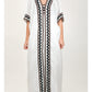 Coral White Kimono and Dress Set, white cotton tiered maxi dress and shrug set with black and brown zigzag rickrack trim, square neckline – styled on model