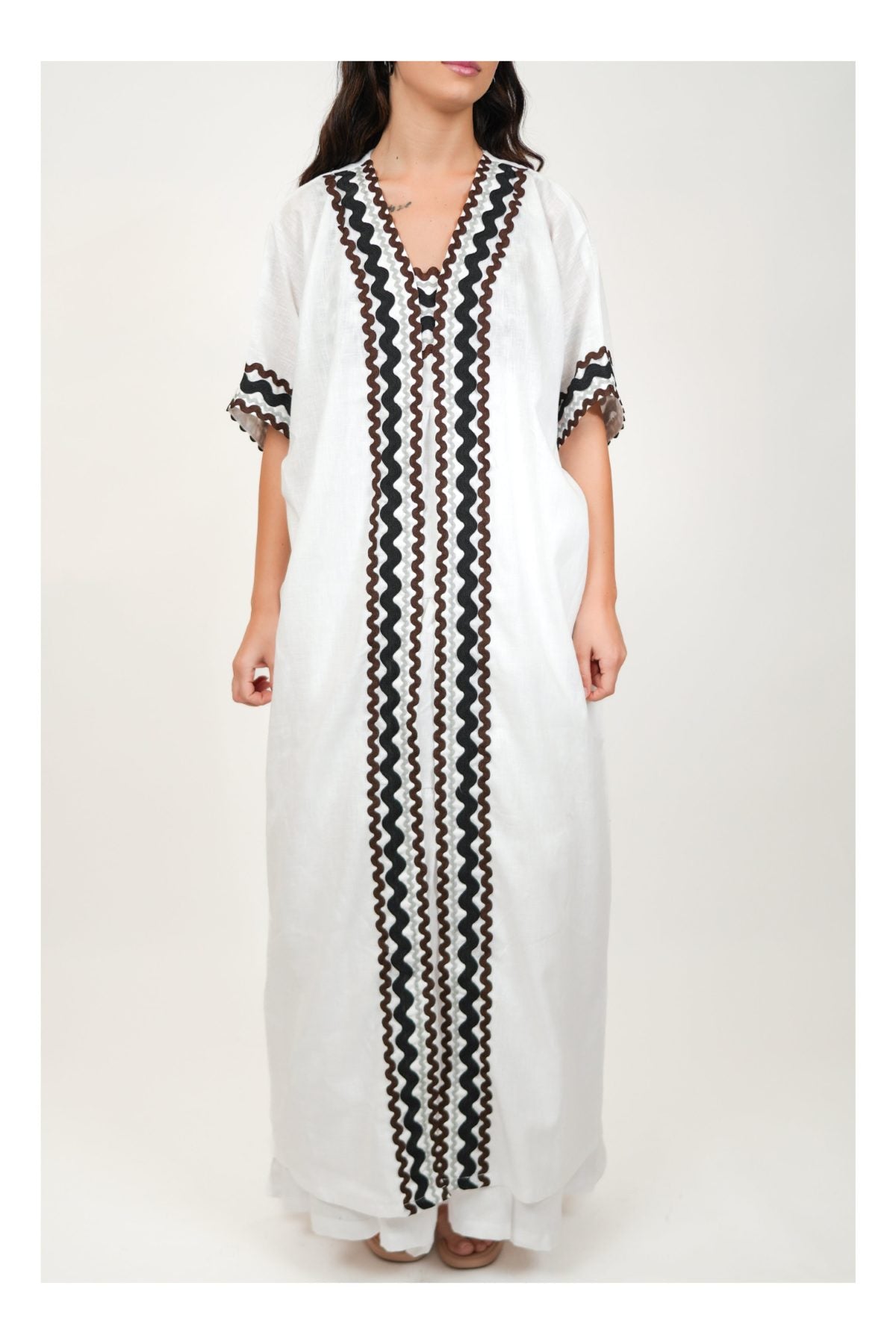 Coral White Kimono and Dress Set, white cotton tiered maxi dress and shrug set with black and brown zigzag rickrack trim, square neckline – styled on model