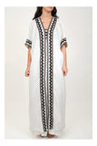 Coral White Kimono and Dress Set, white cotton tiered maxi dress and shrug set with black and brown zigzag rickrack trim, square neckline – styled on model